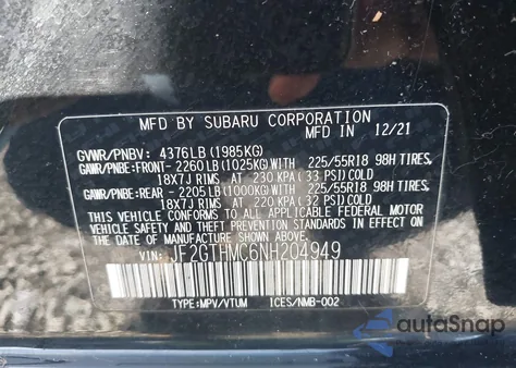 2022 Subaru Crosstrek Limited из США, поврежденный, VIN JF2GTHMC6NH204949